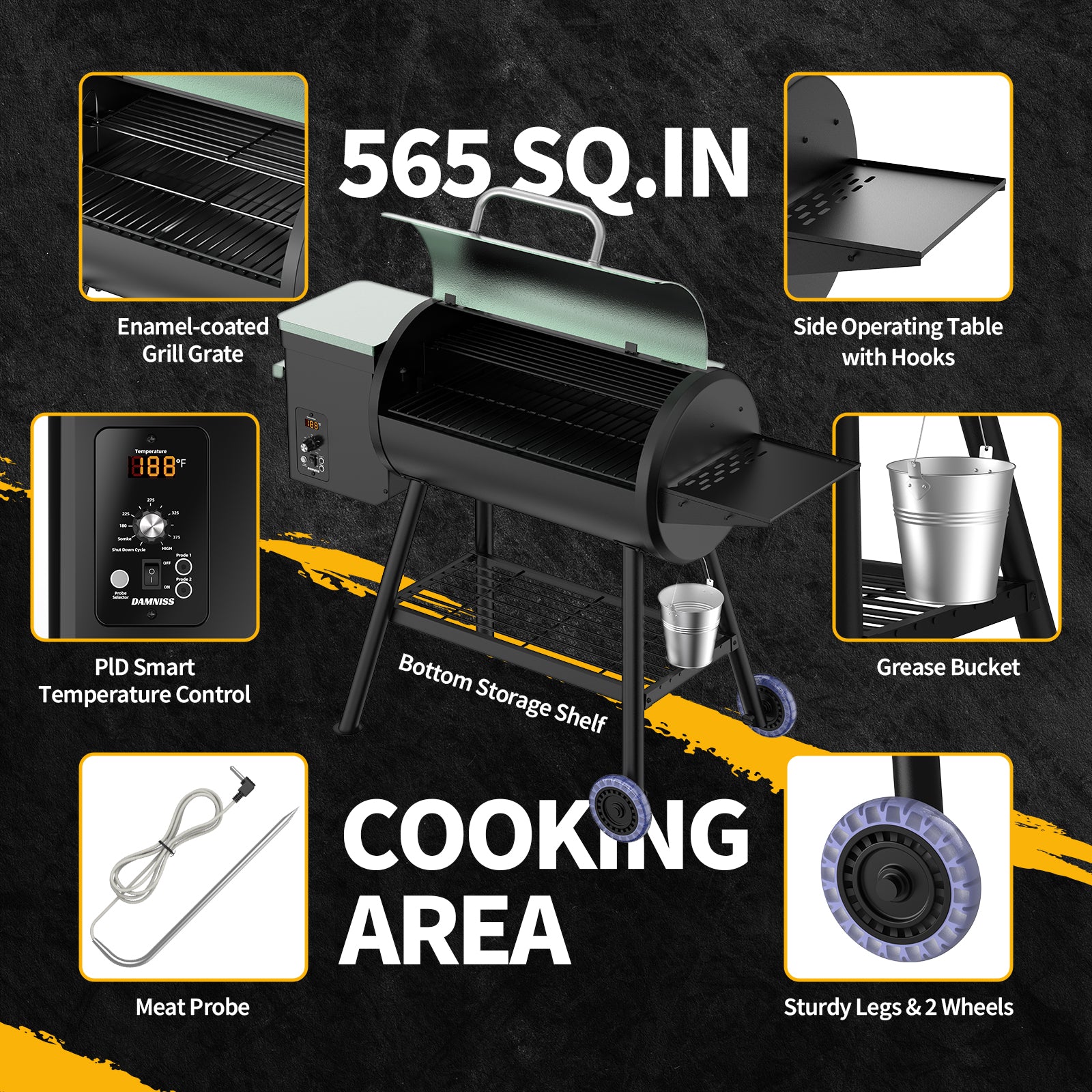 Pellet Smoker Grill Combo, 565 SQ.IN Cooking Area with PID Temperature Control (180-450°F) Electric BBQ Meat Grills & Smokers, Patio Backyard for Roast Outdoor