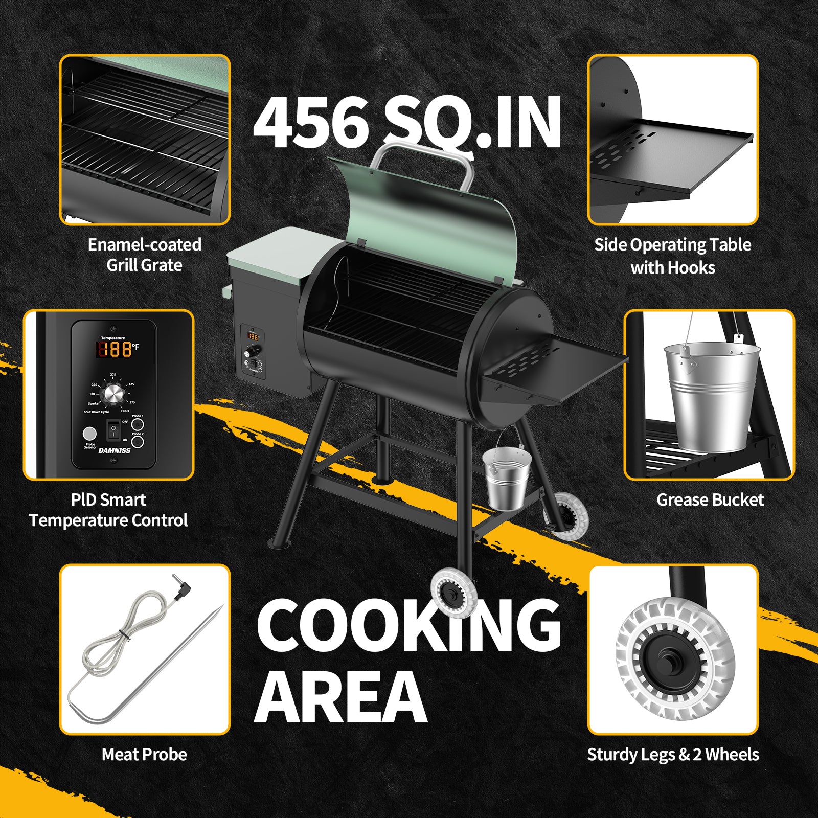 Pellet Smoker Grill Combo, 456 SQ.IN Cooking Area with PID Temperature Control (180-450°F) Electric BBQ Meat Grills & Smokers, Patio Backyard for Roast Outdoor